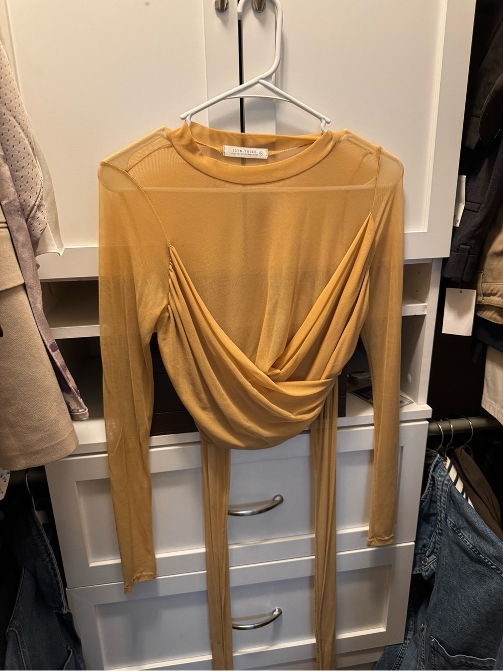 12th Tribe Mustard Sheer Draped Front Long-Sleeve Top